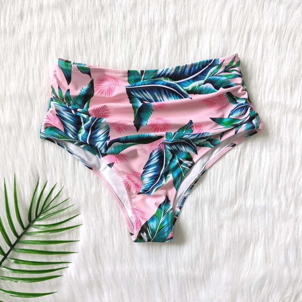 Pink tropical leaf print high waist bikini bottom size S M L